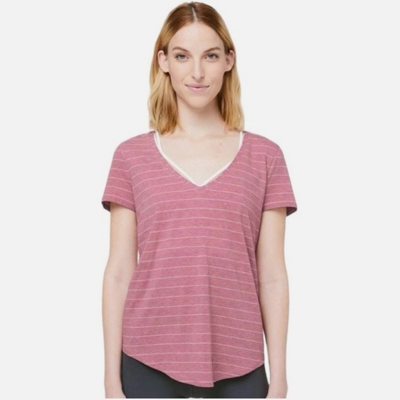 Lululemon Love Tee V Short Serve Stripe Heathered So Merlot White, Size 6 W3BW8S - Picture 1 of 7